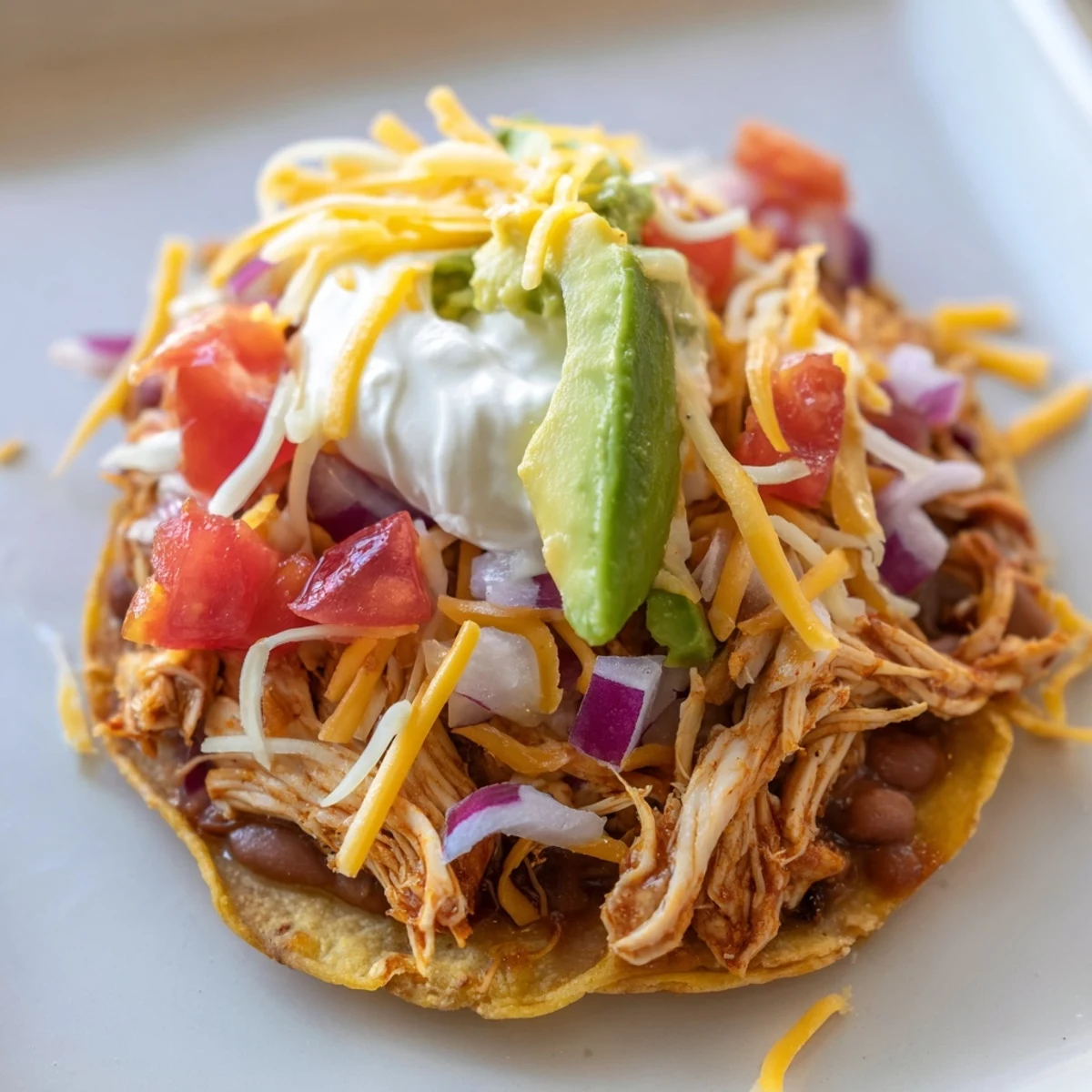 Vibrant Chicken Tostadas piled high with shredded chicken lettuce cheese and creamy sour cream  