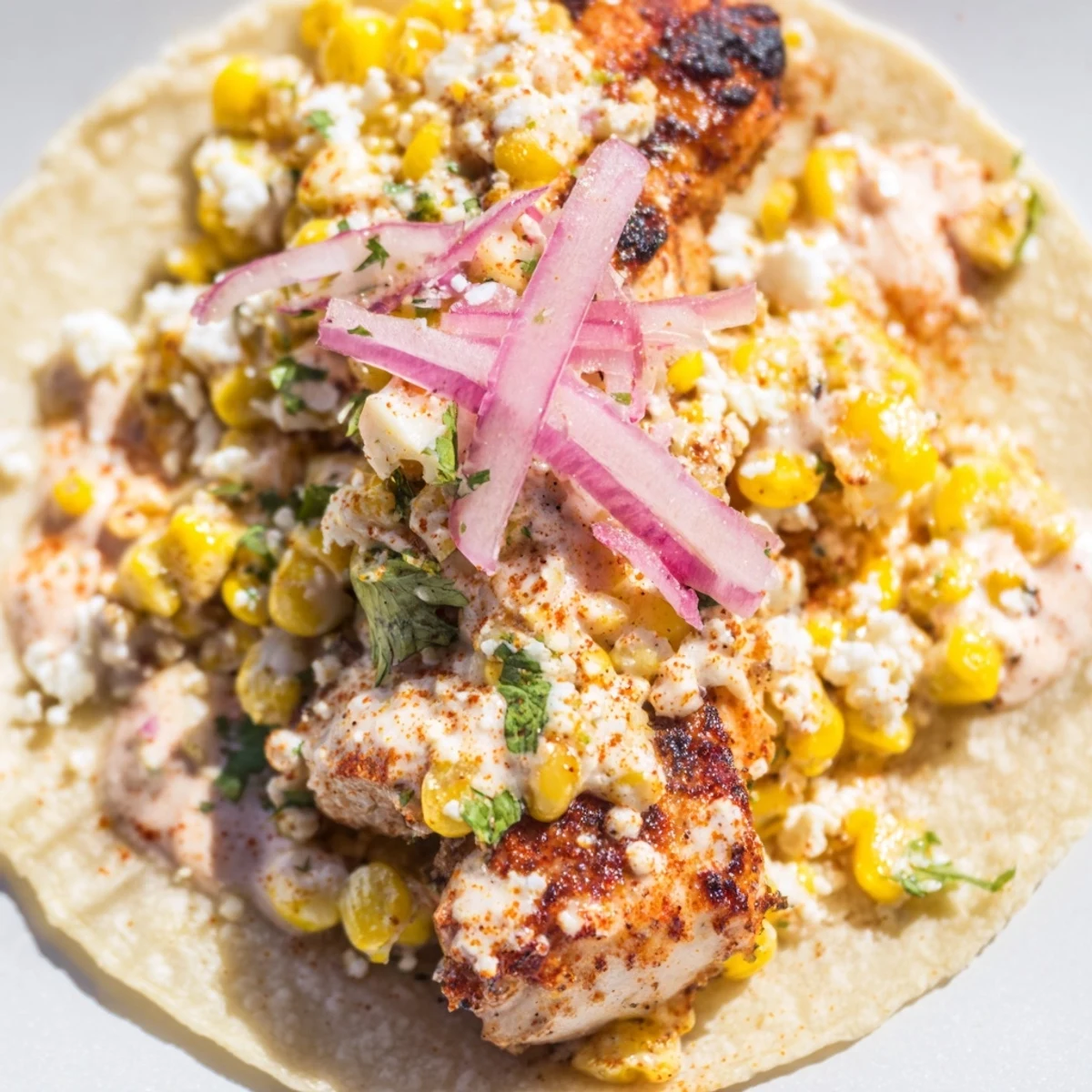 Street corn chicken tacos topped with creamy cotija and fresh cilantro.  