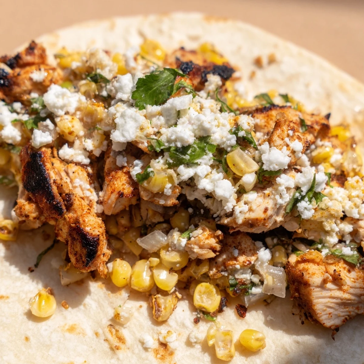 Grilled chicken tacos served with zesty street corn and lime wedges.  