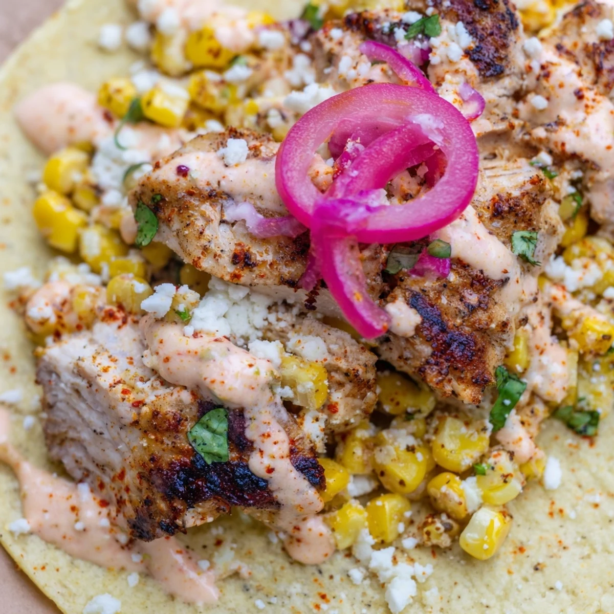 Warm tortillas filled with spiced chicken and savory Mexican street corn.