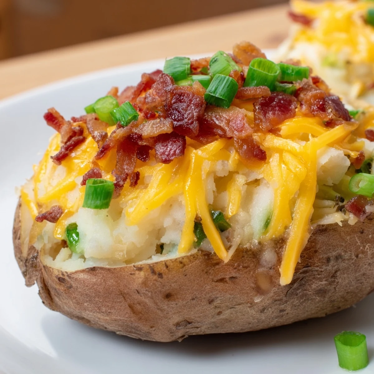 Golden and bubbly Jalapeno Popper Twice Baked Potatoes topped with crispy bacon bits and fresh chives.  