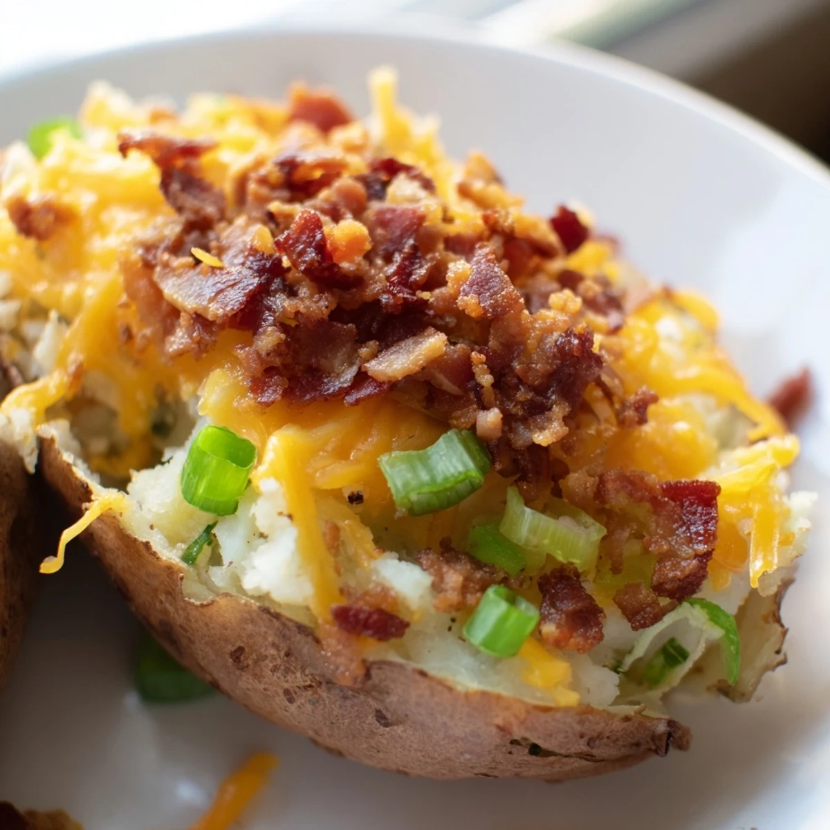 Fluffy russet potato halves stuffed with cheese and diced peppers, baked until golden brown and piping hot.
