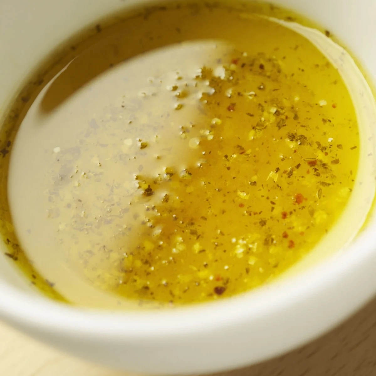 Creamy emulsified lemon vinaigrette with visible lemon zest and olive oil sheen.