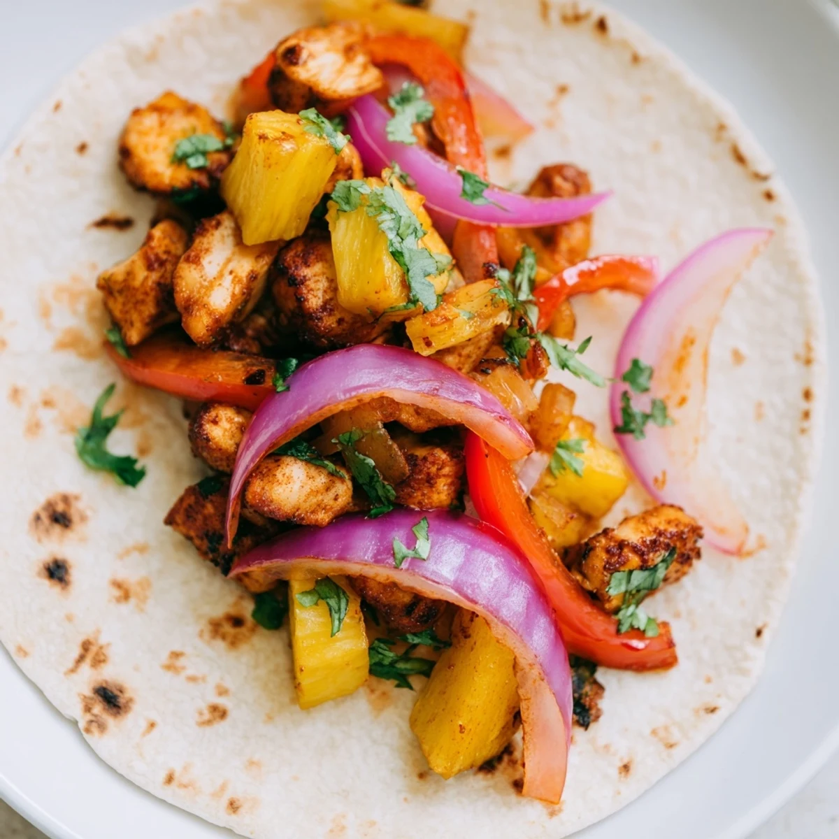 Golden One Pan Chicken and Pineapple Tacos topped with fresh cilantro and lime.