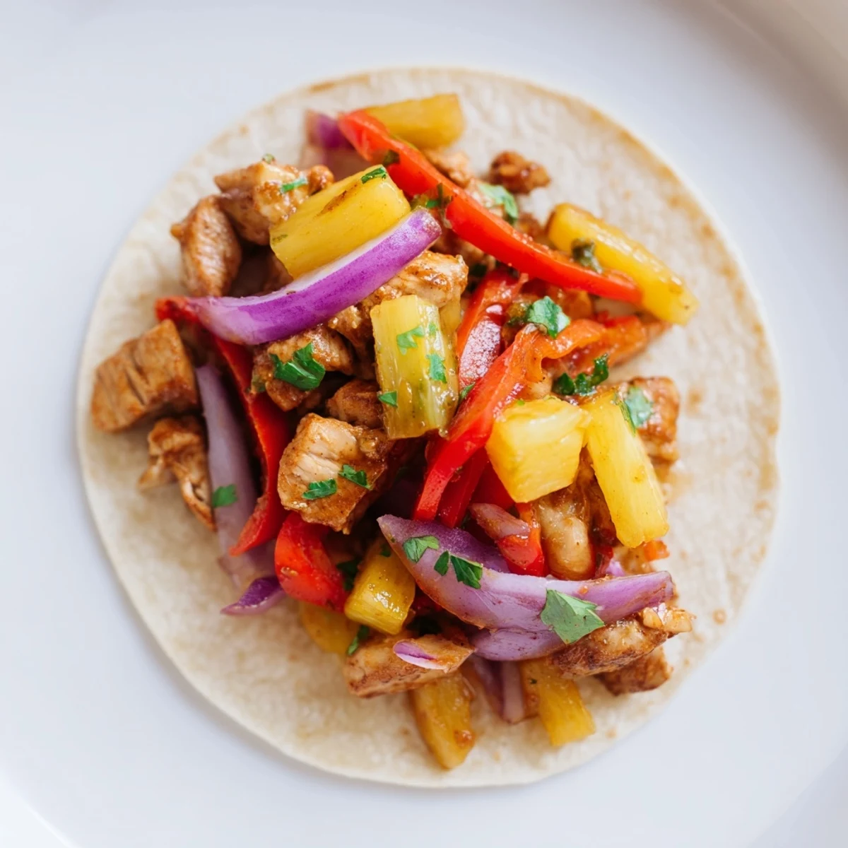 Spicy One Pan Chicken and Pineapple Tacos served with red peppers and onions.