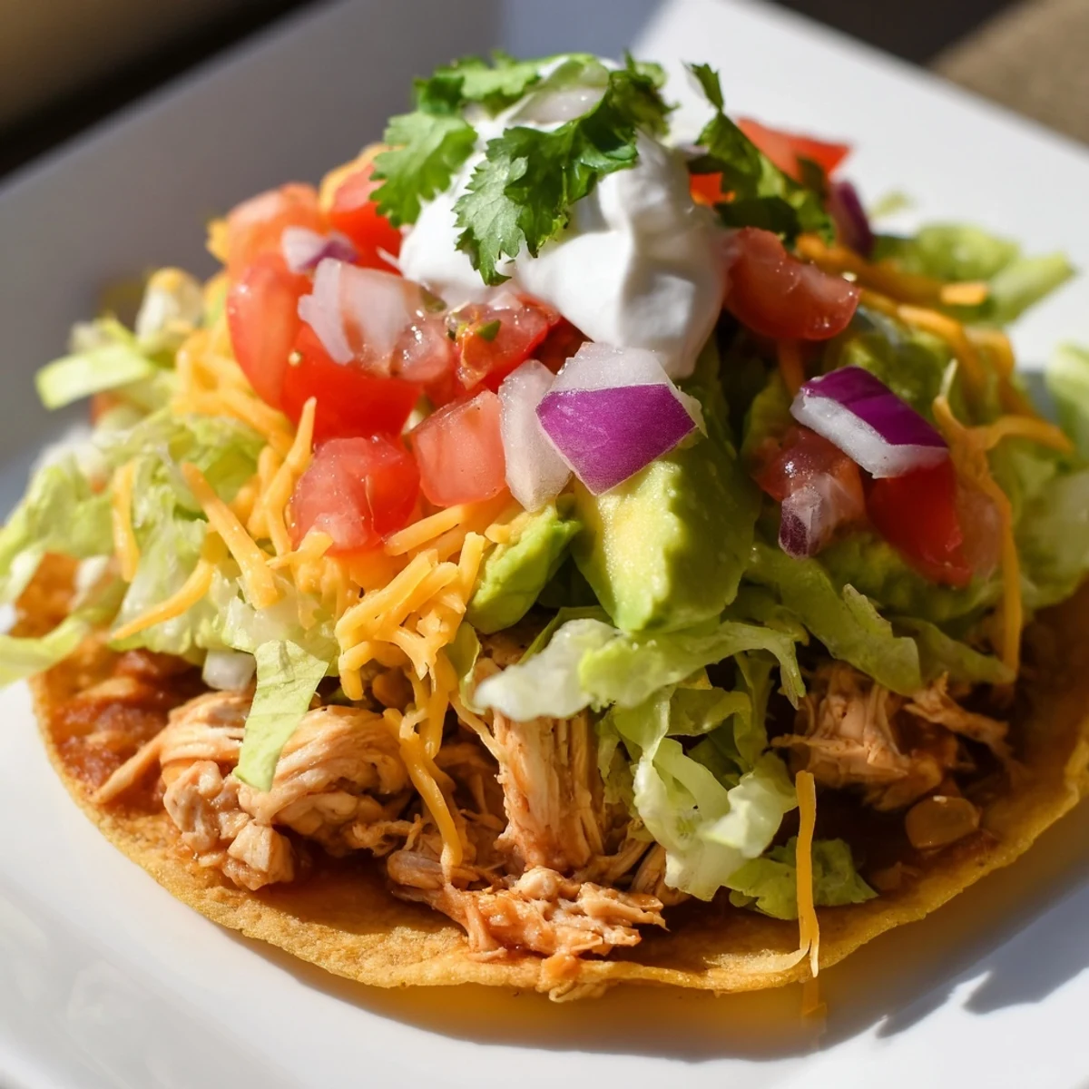 Golden Chicken Tostadas piled high with fresh lettuce, cheese, and creamy avocado.  