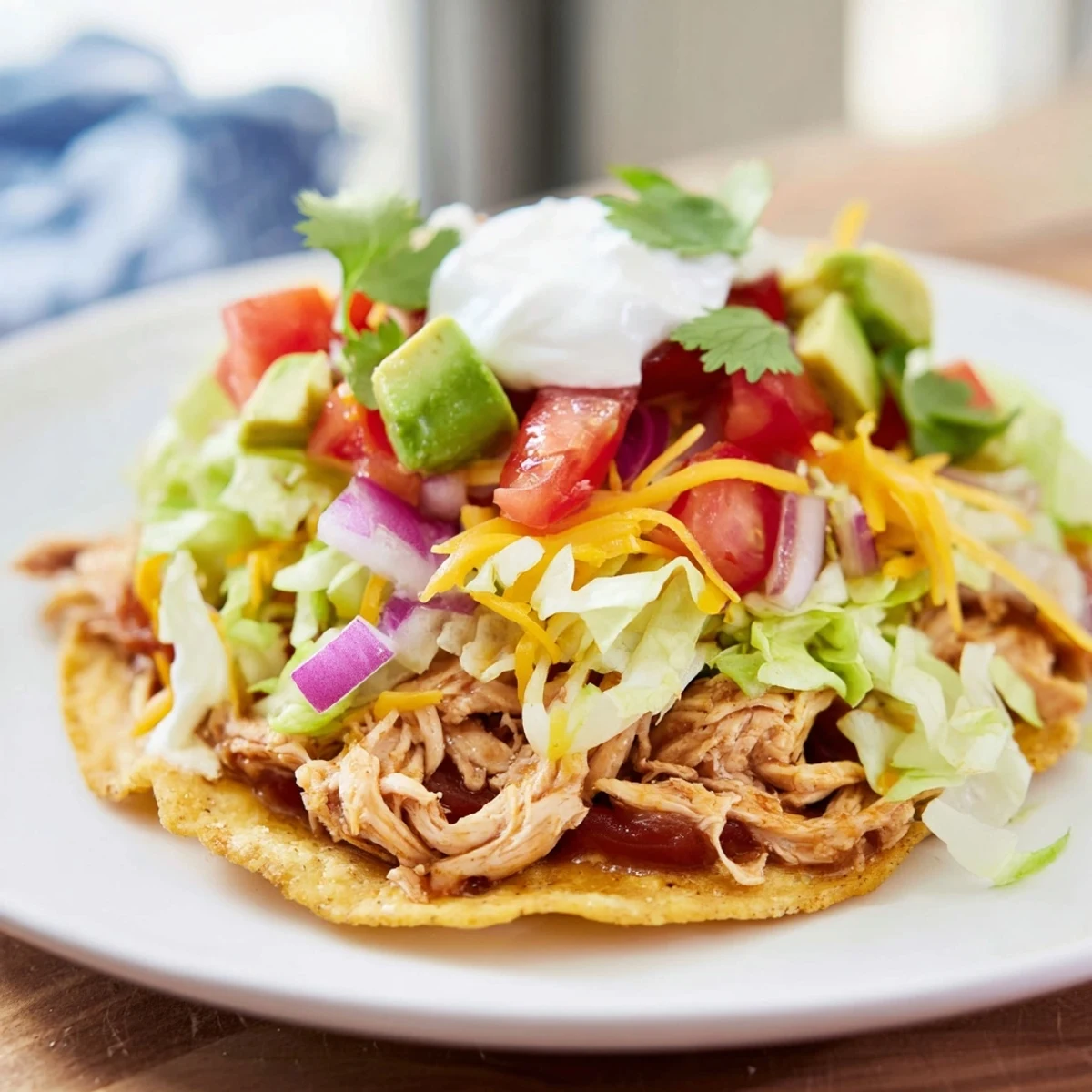 Delicious Chicken Tostadas featuring juicy spiced meat and colorful toppings on crunchy shells.