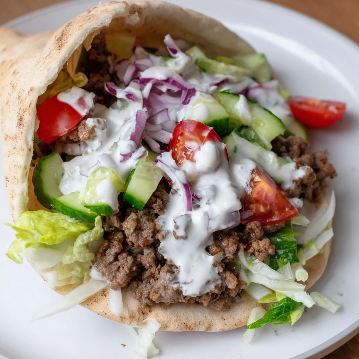 Mediterranean ground beef pita pockets filled with seasoned meat, crisp veggies, and tangy yogurt sauce.  