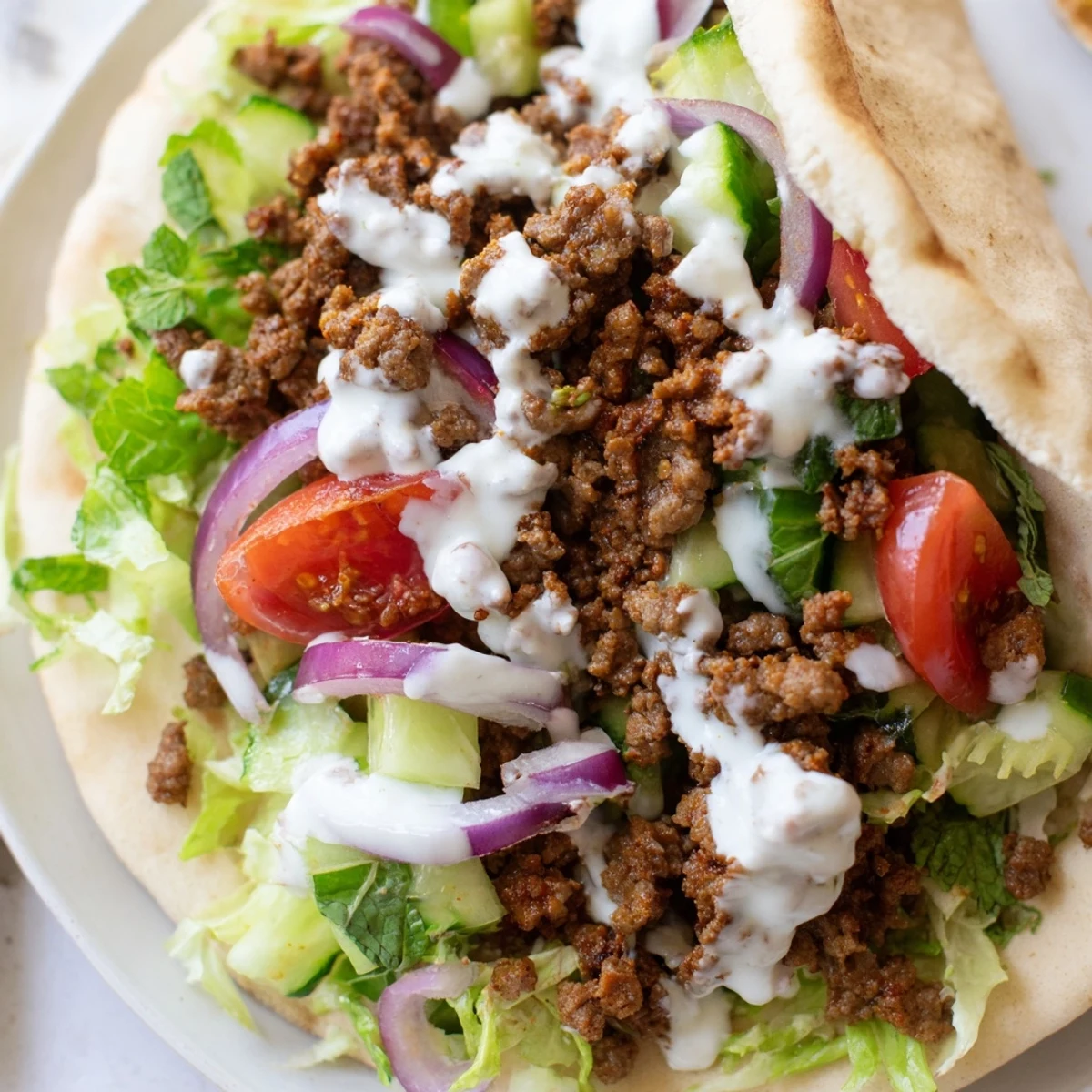 Warm pita bread stuffed with spiced beef, fresh salad, and creamy garlic yogurt for a quick dinner.  