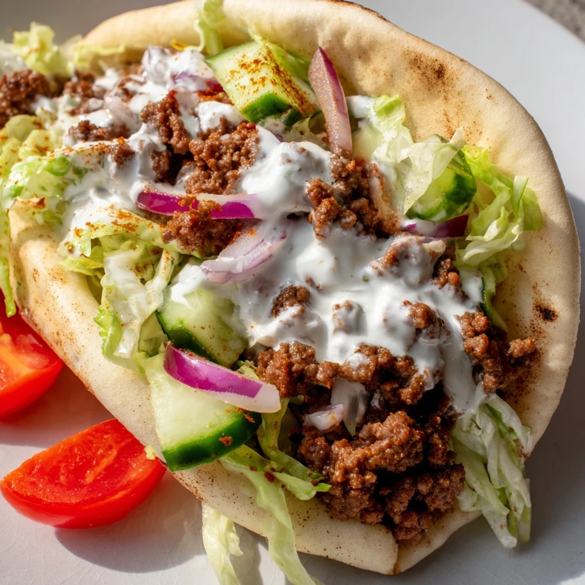 Golden brown Mediterranean ground beef pita pockets layered with lettuce, tomatoes, and a drizzle of sauce.