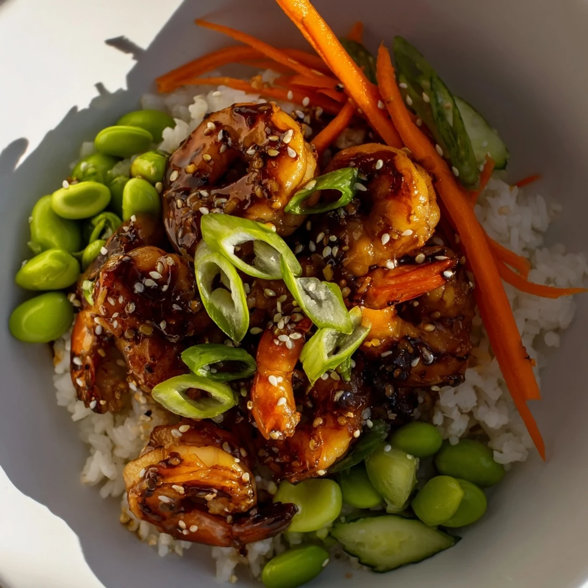 Succulent teriyaki shrimp glazed in sweet sauce over fluffy white rice  