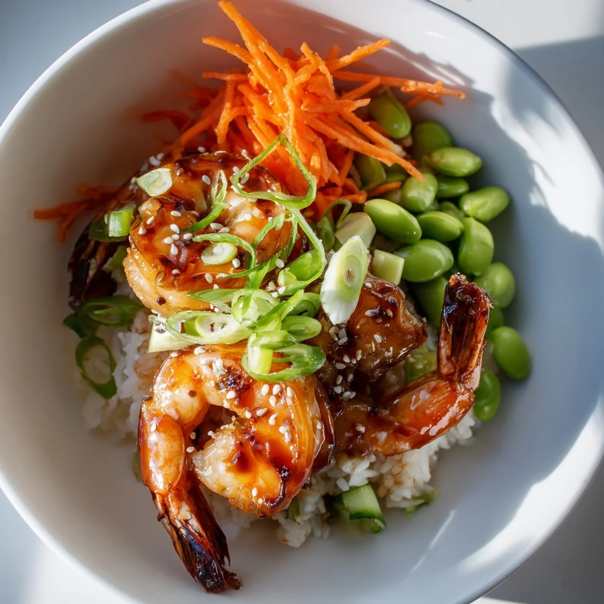 Vibrant teriyaki shrimp rice bowls with crisp veggies and sesame seeds  