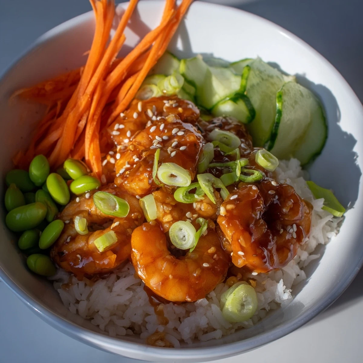 Juicy teriyaki shrimp served with edamame and carrots in a bowl