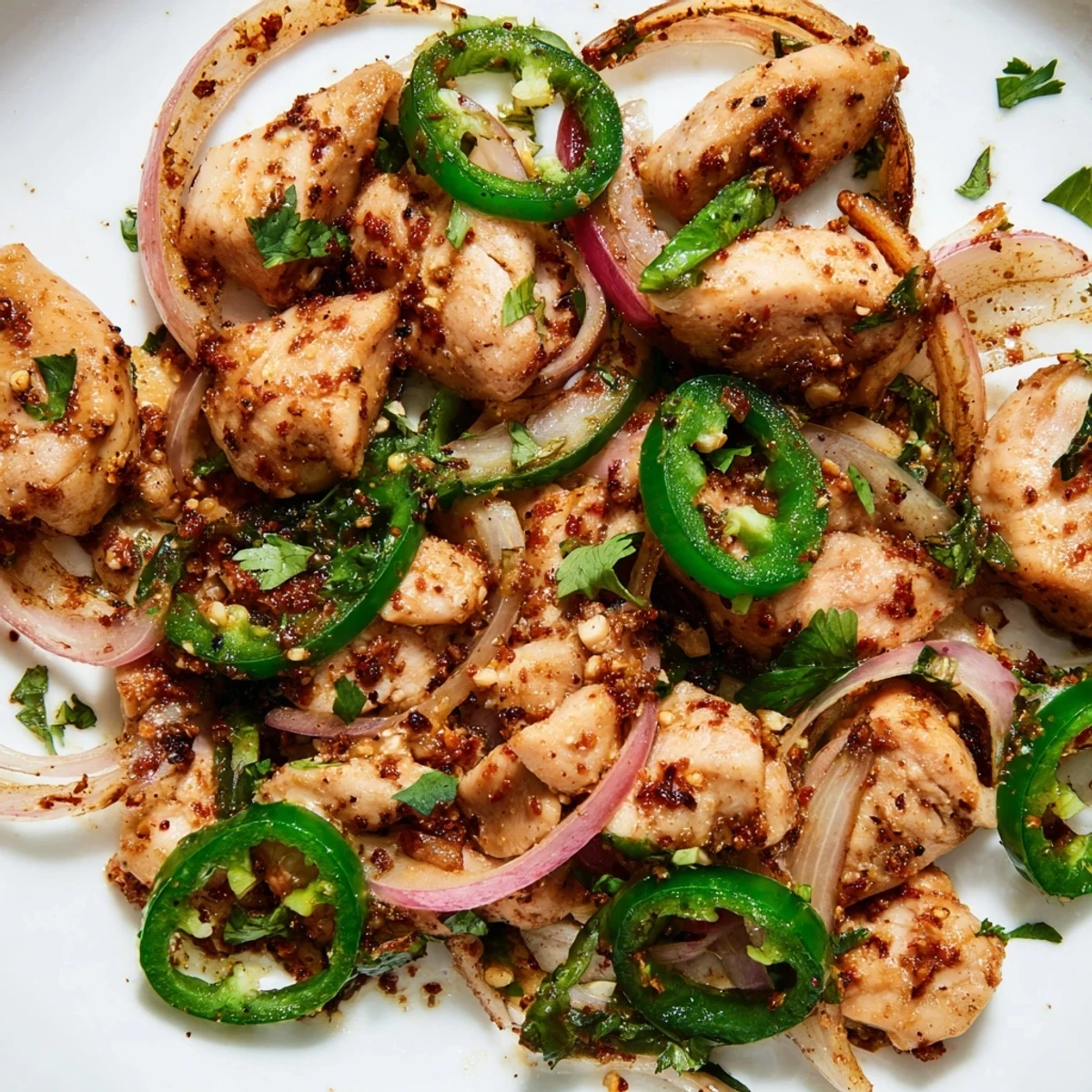 Golden Spicy Jalapeno Chicken with sliced peppers and cilantro garnish.  
