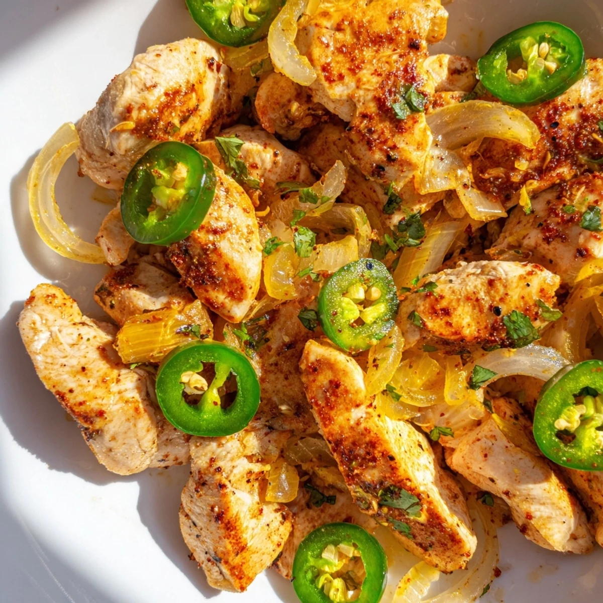 Sizzling skillet of Spicy Jalapeno Chicken served with fresh lime wedges.  
