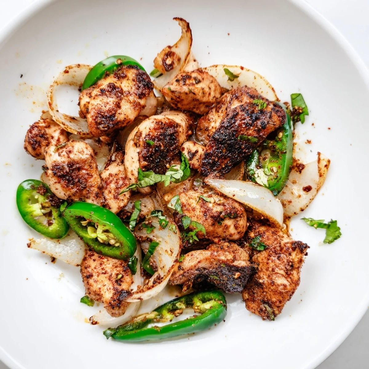 Juicy Spicy Jalapeno Chicken dish topped with onions and vibrant jalapeños.