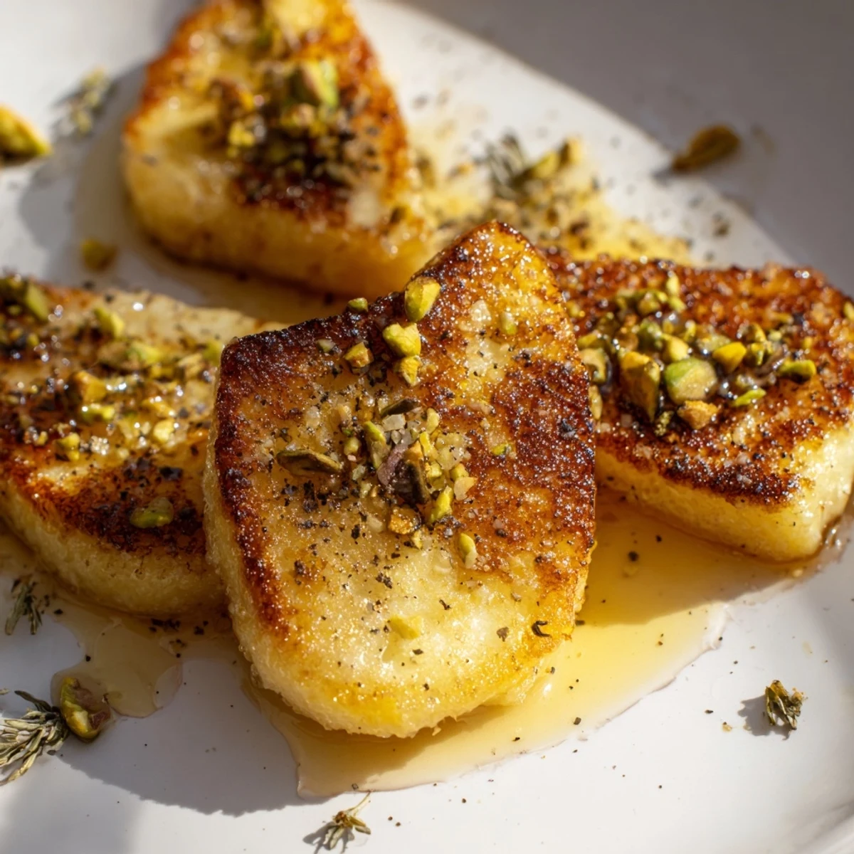 Golden fried Honey Halloumi drizzled with sweet honey and sprinkled with toasted nuts.  