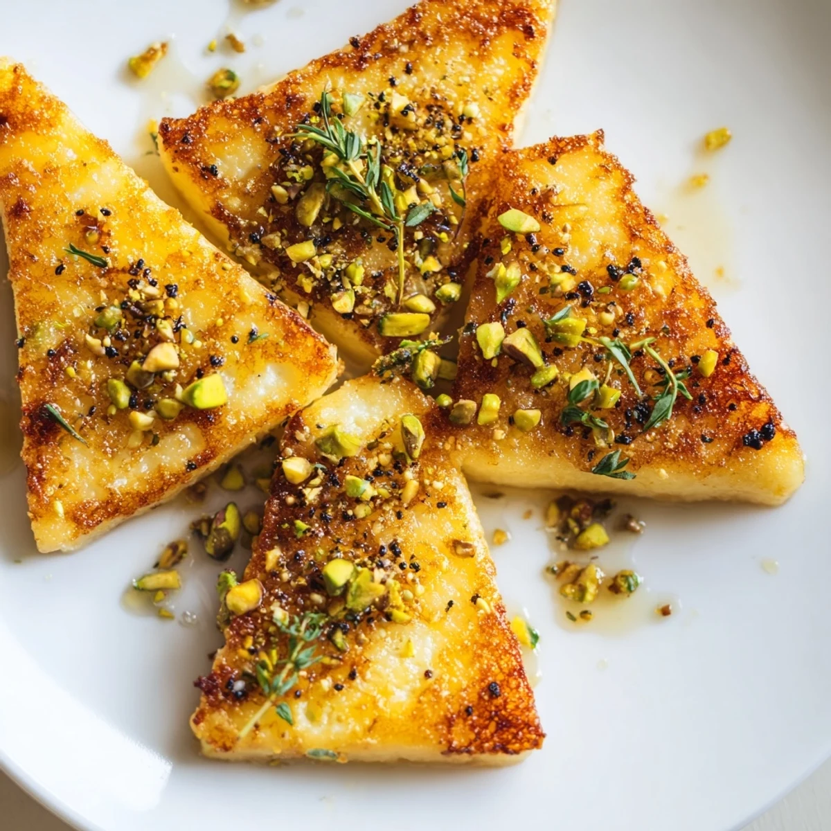 Crispy Honey Halloumi appetizer topped with fresh herbs and a honey glaze.  