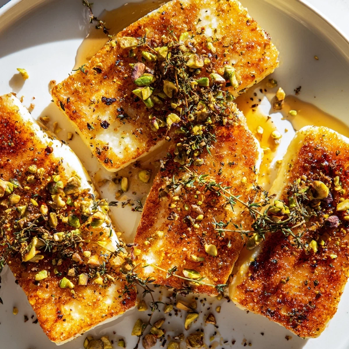 Savory-sweet Honey Halloumi served hot with chopped pistachios and black pepper.