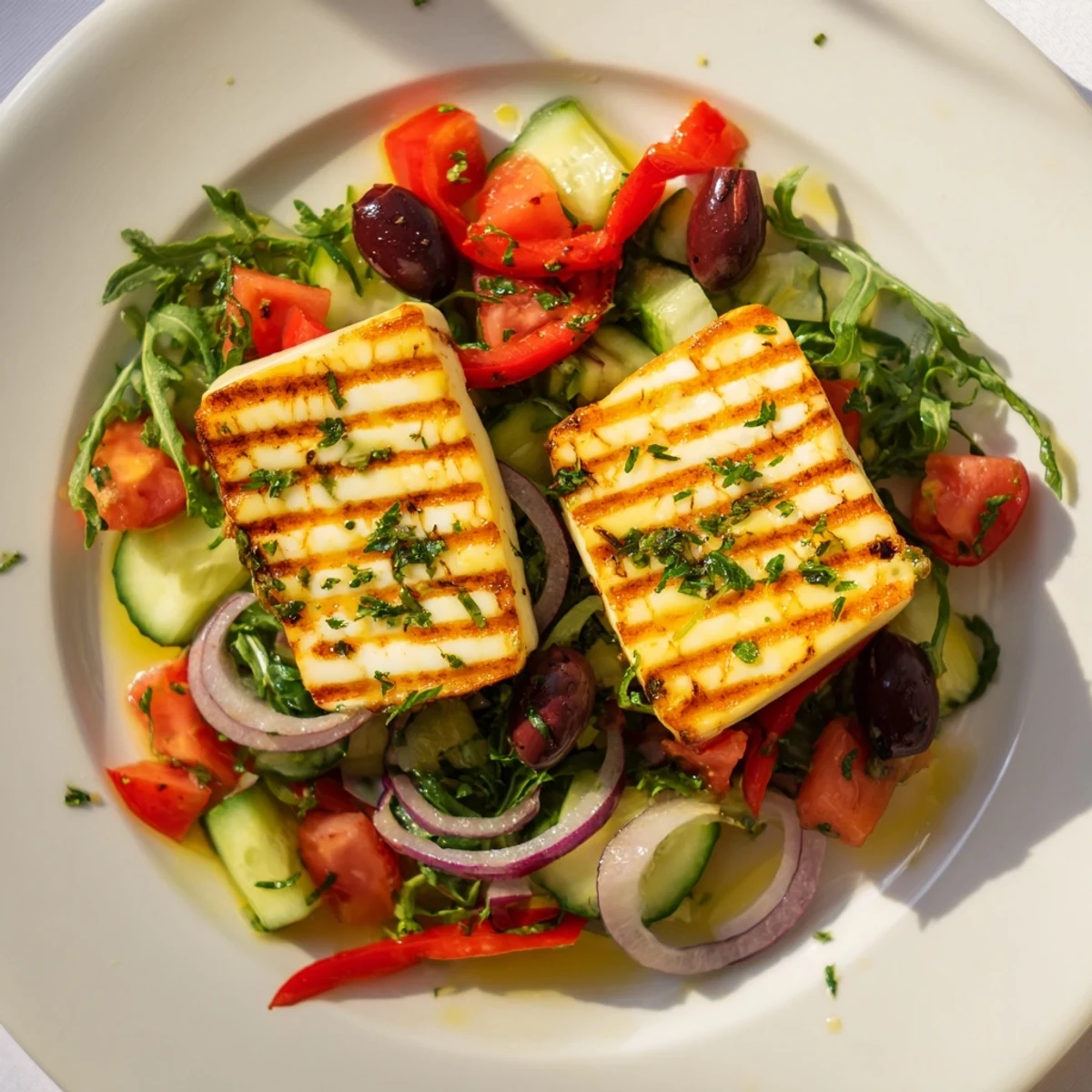 Warm halloumi slices paired with crisp vegetables in a refreshing Mediterranean salad.