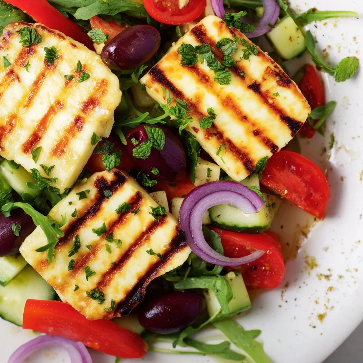 Golden grilled halloumi served atop a colorful Mediterranean salad with fresh herbs.