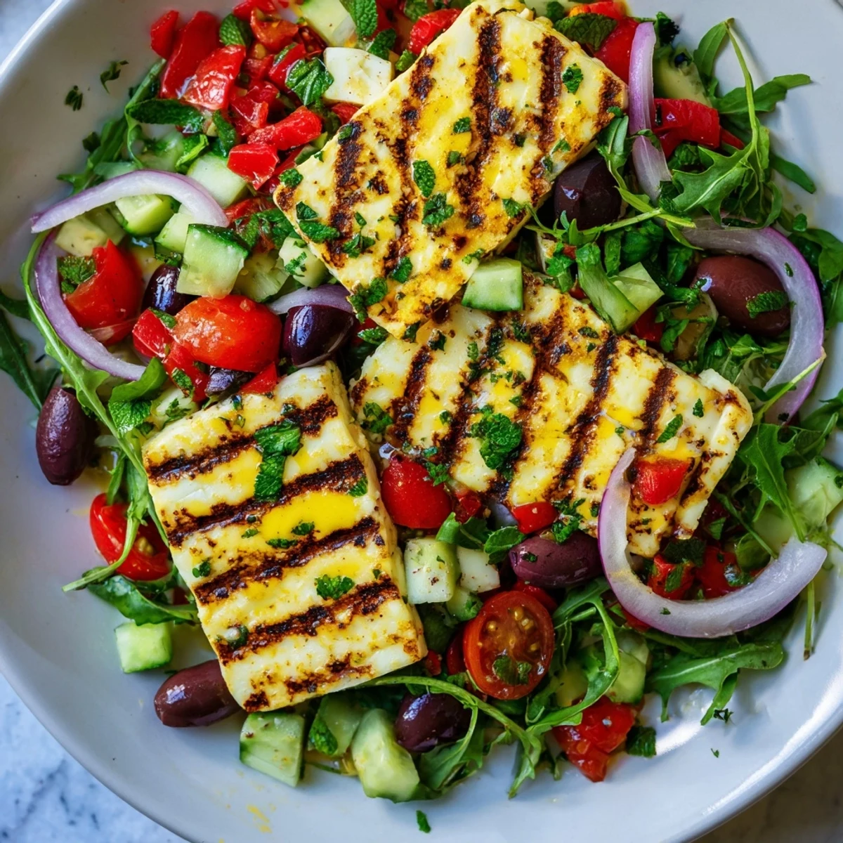 Vibrant Mediterranean salad topped with perfectly grilled halloumi for a healthy vegetarian meal.