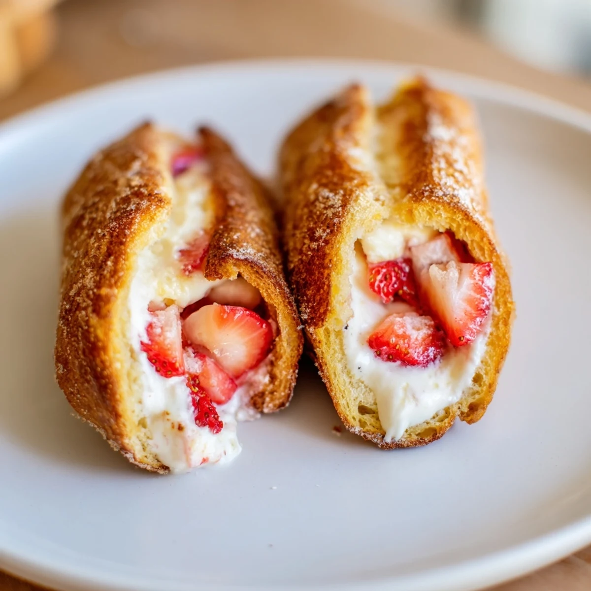 Golden Strawberry Cream Cheese Roll Ups with a crispy cinnamon-sugar coating.  