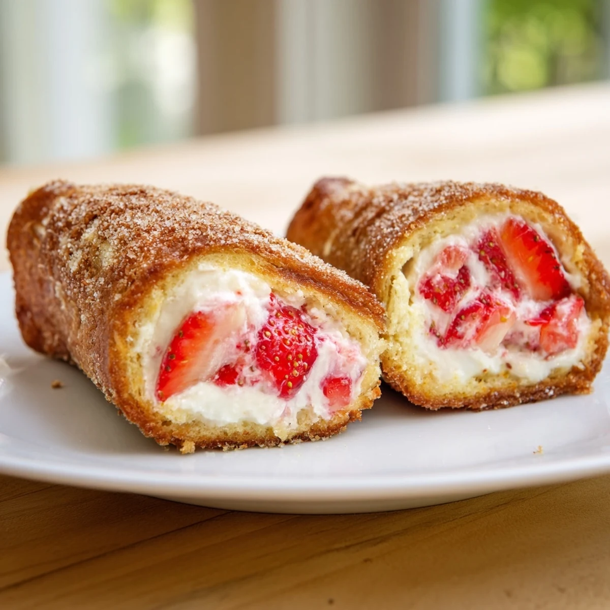 Soft bread rolled around sweet strawberry cream cheese filling, toasted until golden.  