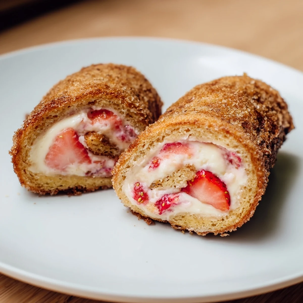 Warm Strawberry Cream Cheese Roll Ups dusted with cinnamon sugar, ready to serve.