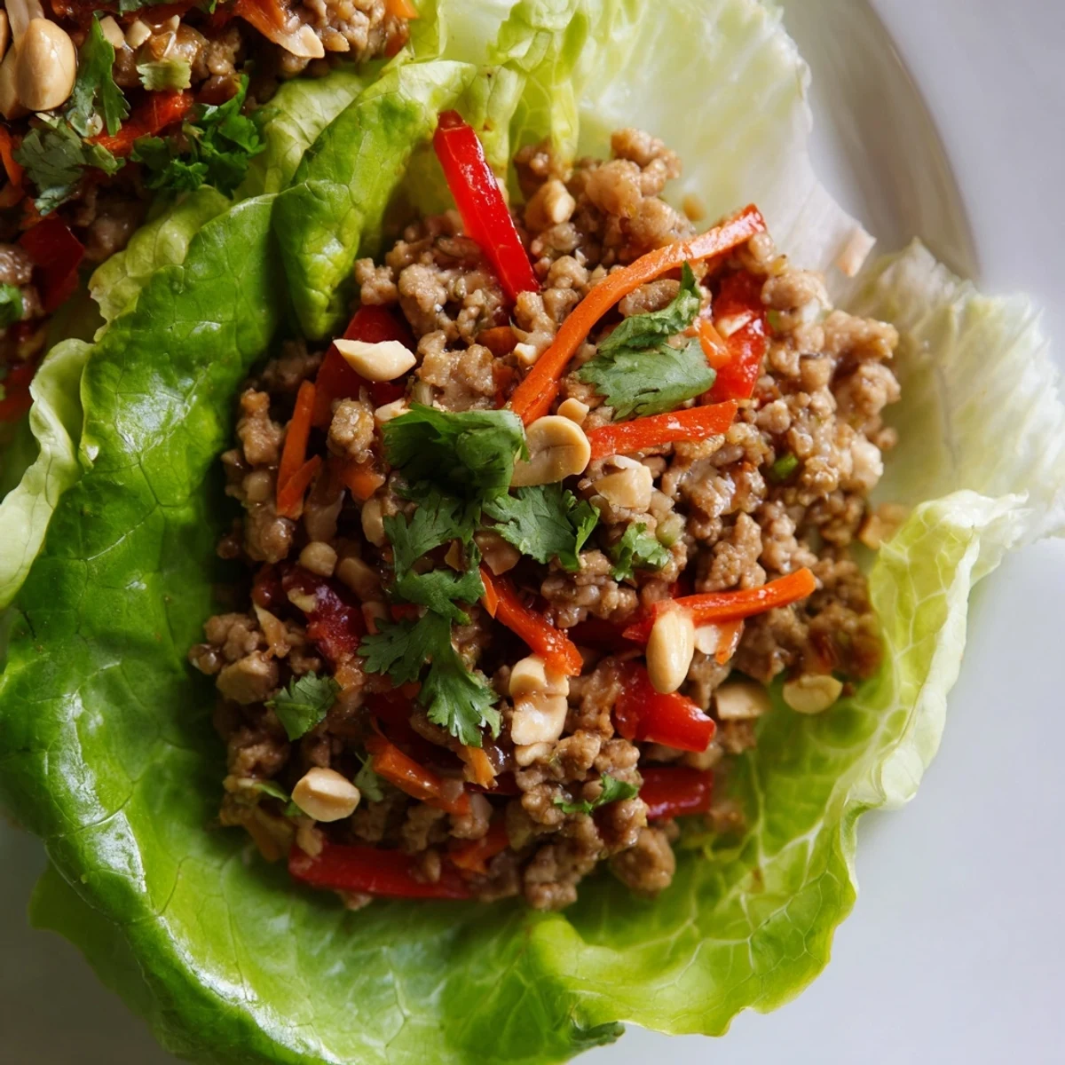 Golden ground chicken Thai lettuce wraps served with vibrant vegetables and cool crisp lettuce leaves.