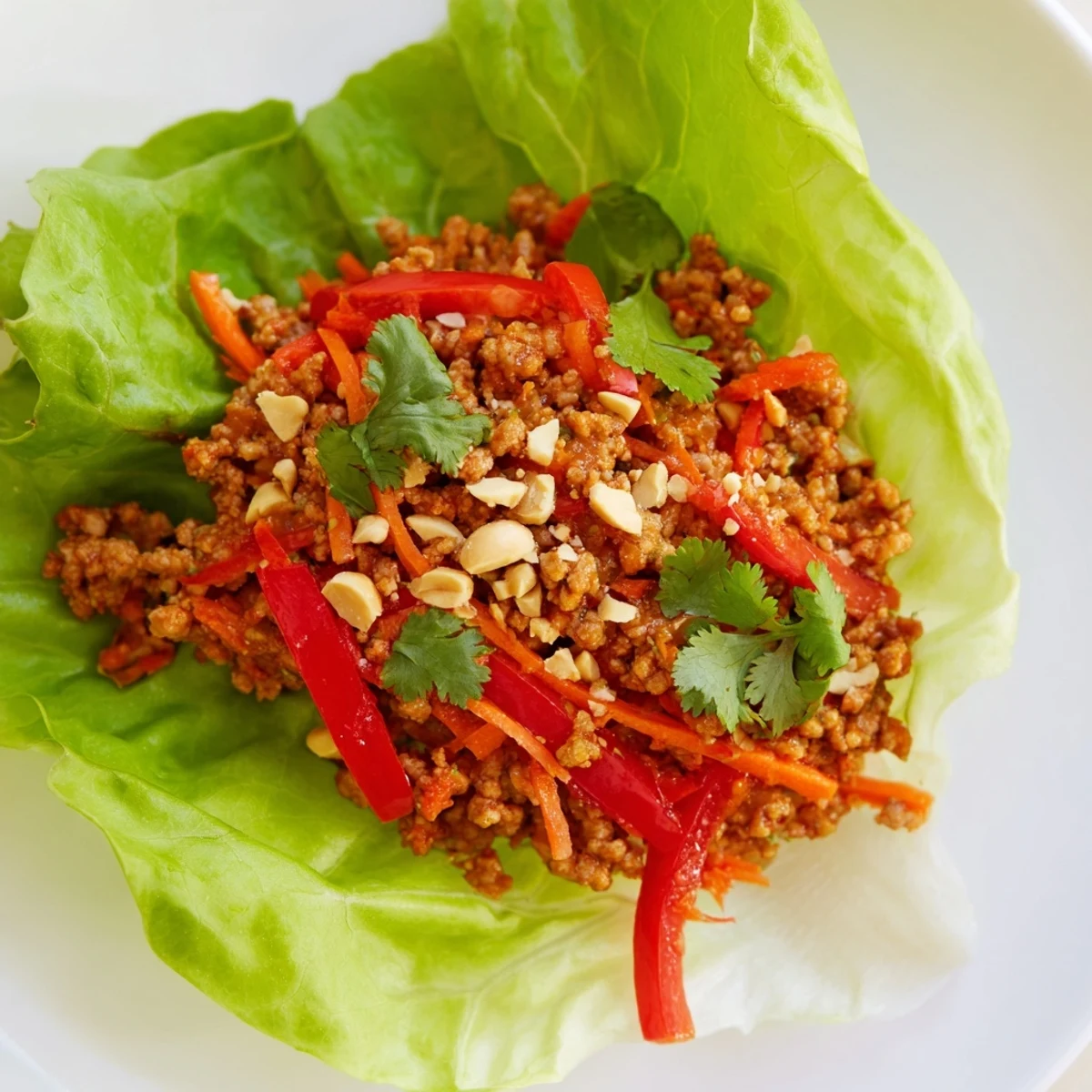 Aromatic Thai chicken lettuce wraps garnished with mint, cilantro, and crunchy peanuts for flavor.