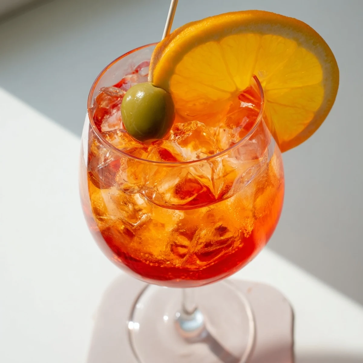 Vibrant orange Spritz cocktail garnished with a fresh slice and ice.  