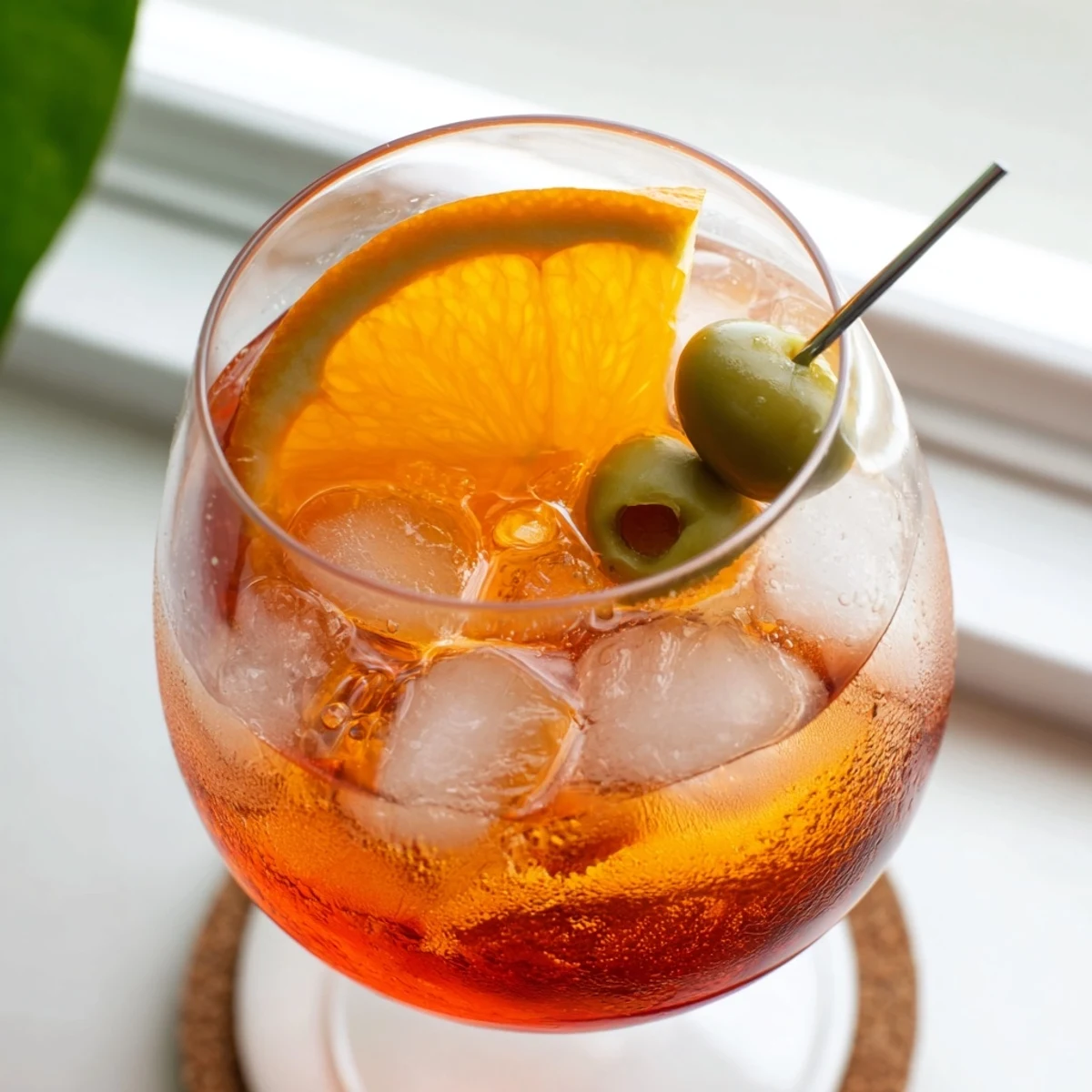 Glass of sparkling Spritz with Prosecco, Aperol, and soda water bubbling.  