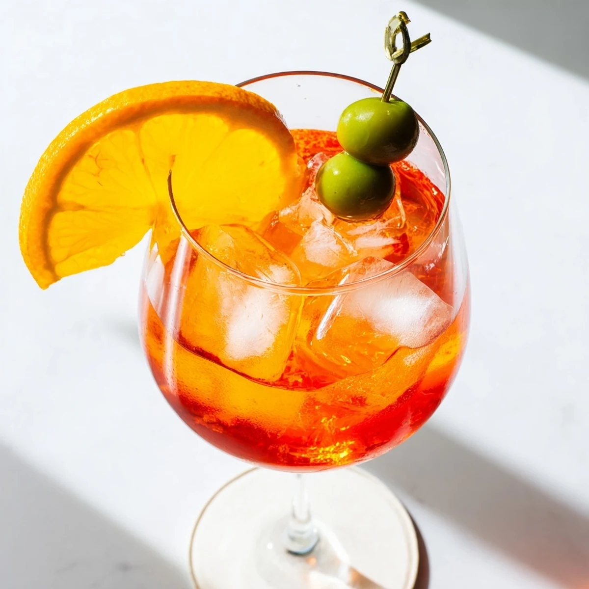 Chilled Italian Spritz served with an orange slice on a wine glass.