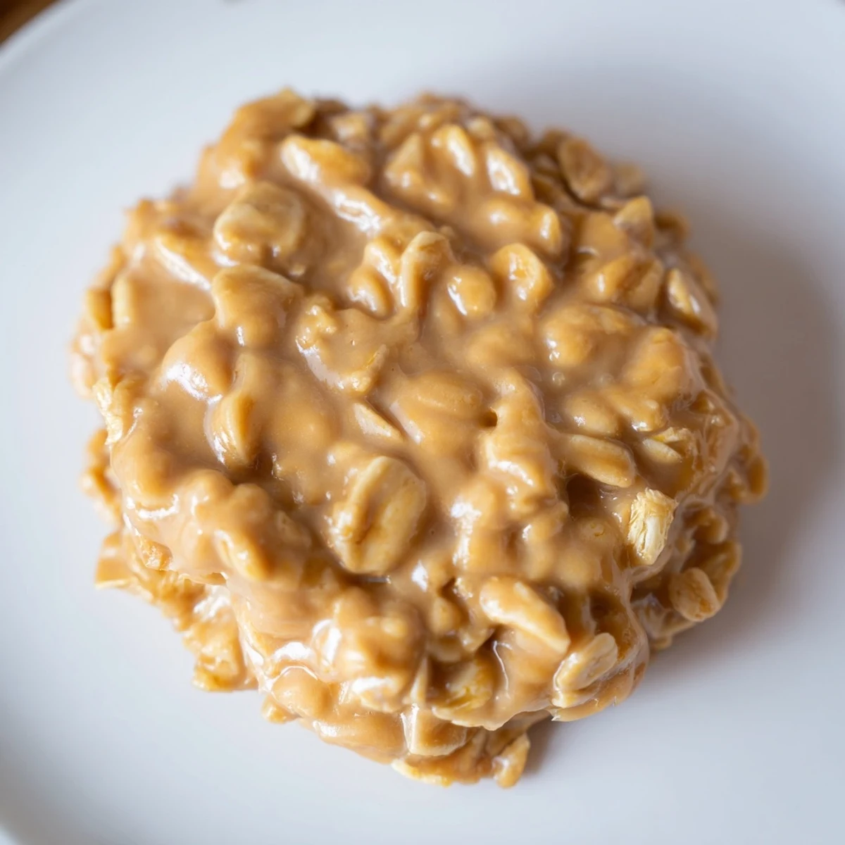 Chewy peanut butter no bake cookies topped with chocolate chips on a white plate.  