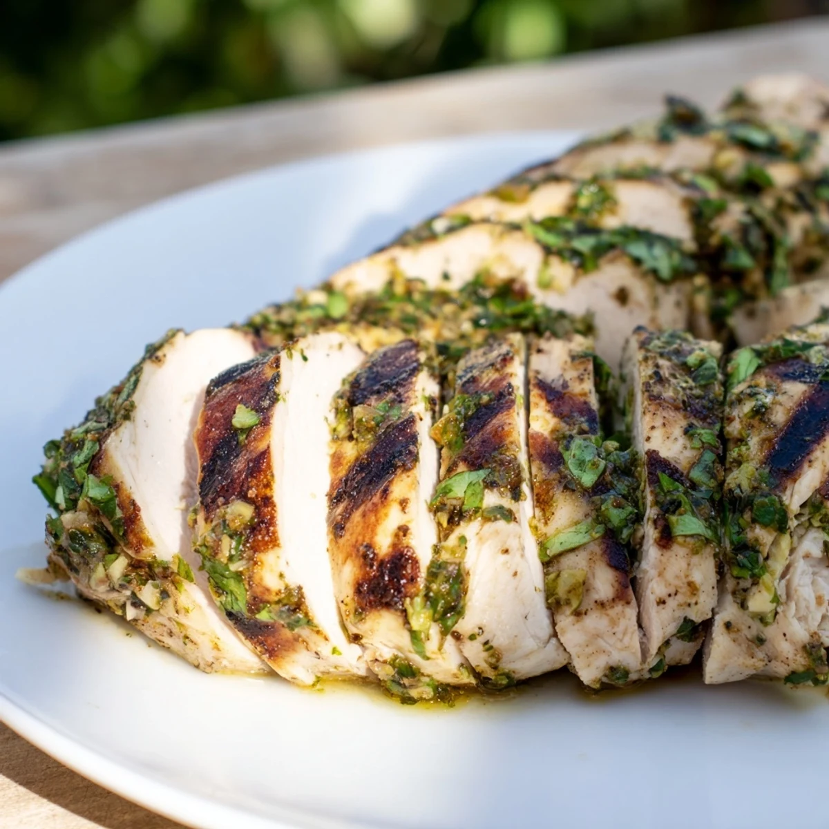 Juicy grilled cilantro lime chicken breasts garnished with fresh herbs and lime wedges  