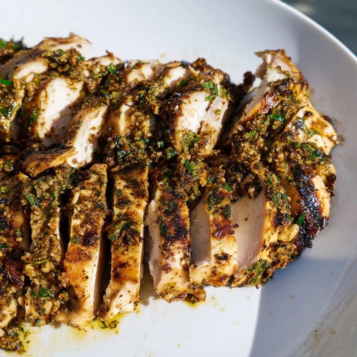 Sliced cilantro lime chicken resting on a plate with extra lime wedges and cilantro