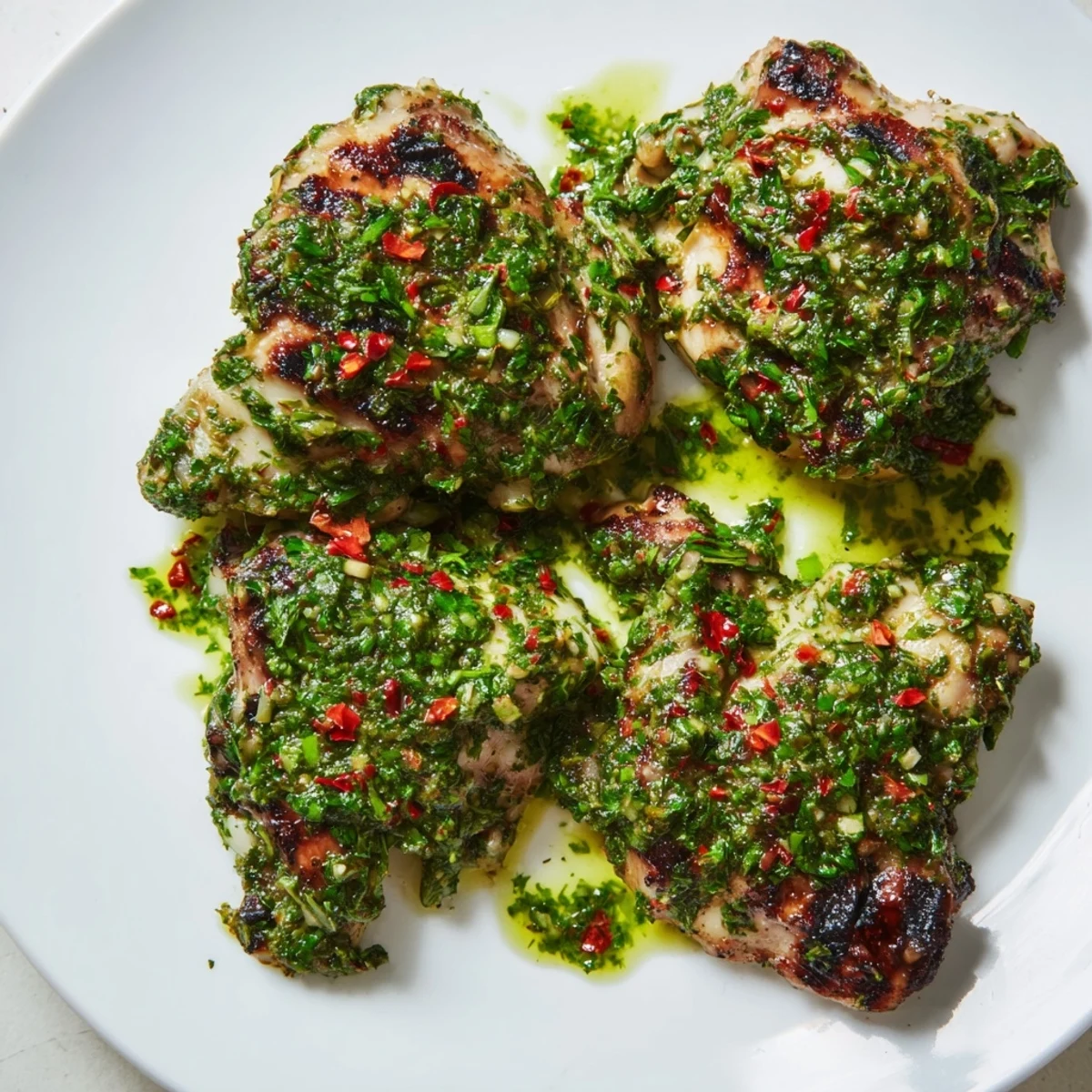 Juicy chimichurri chicken thighs served with zesty parsley garnish on a plate  