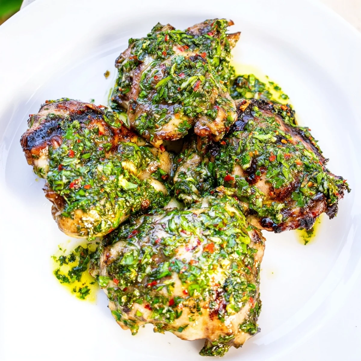 Grilled chimichurri chicken thighs with vibrant green herb sauce glaze  
