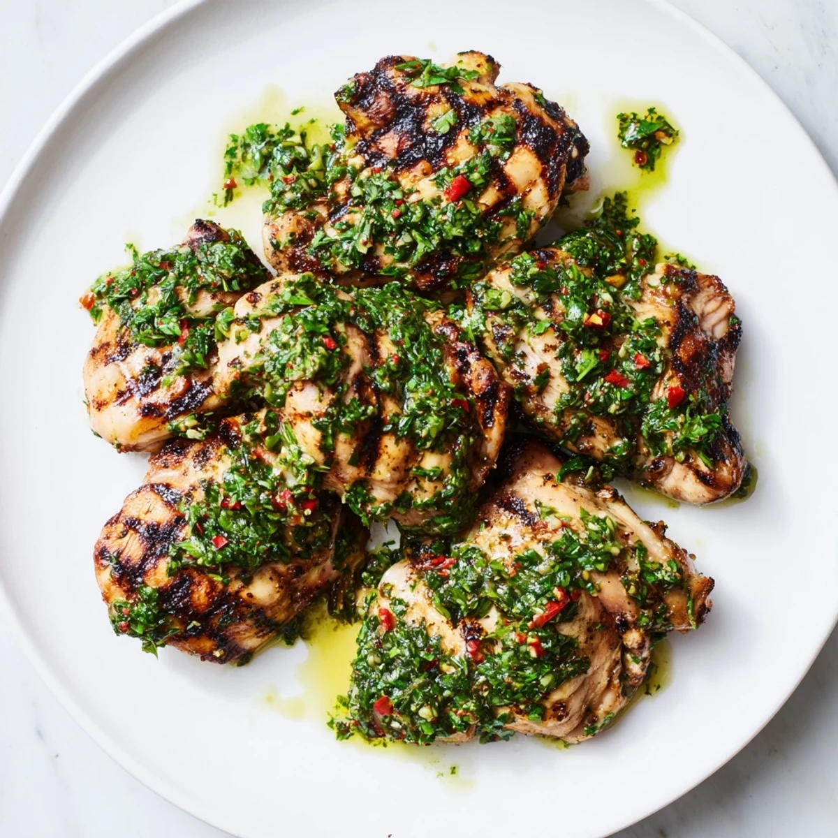 Golden grilled chimichurri chicken thighs topped with fresh herbaceous sauce for flavor