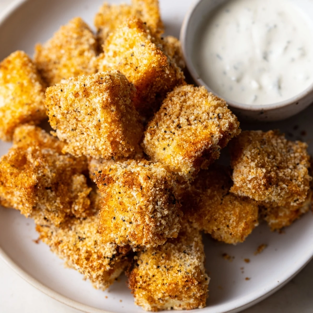 Golden crispy tofu fried chicken nuggets served with dipping sauce  