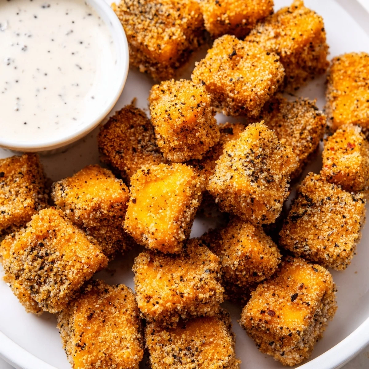 Vegan tofu fried chicken pieces frying in hot oil pan  