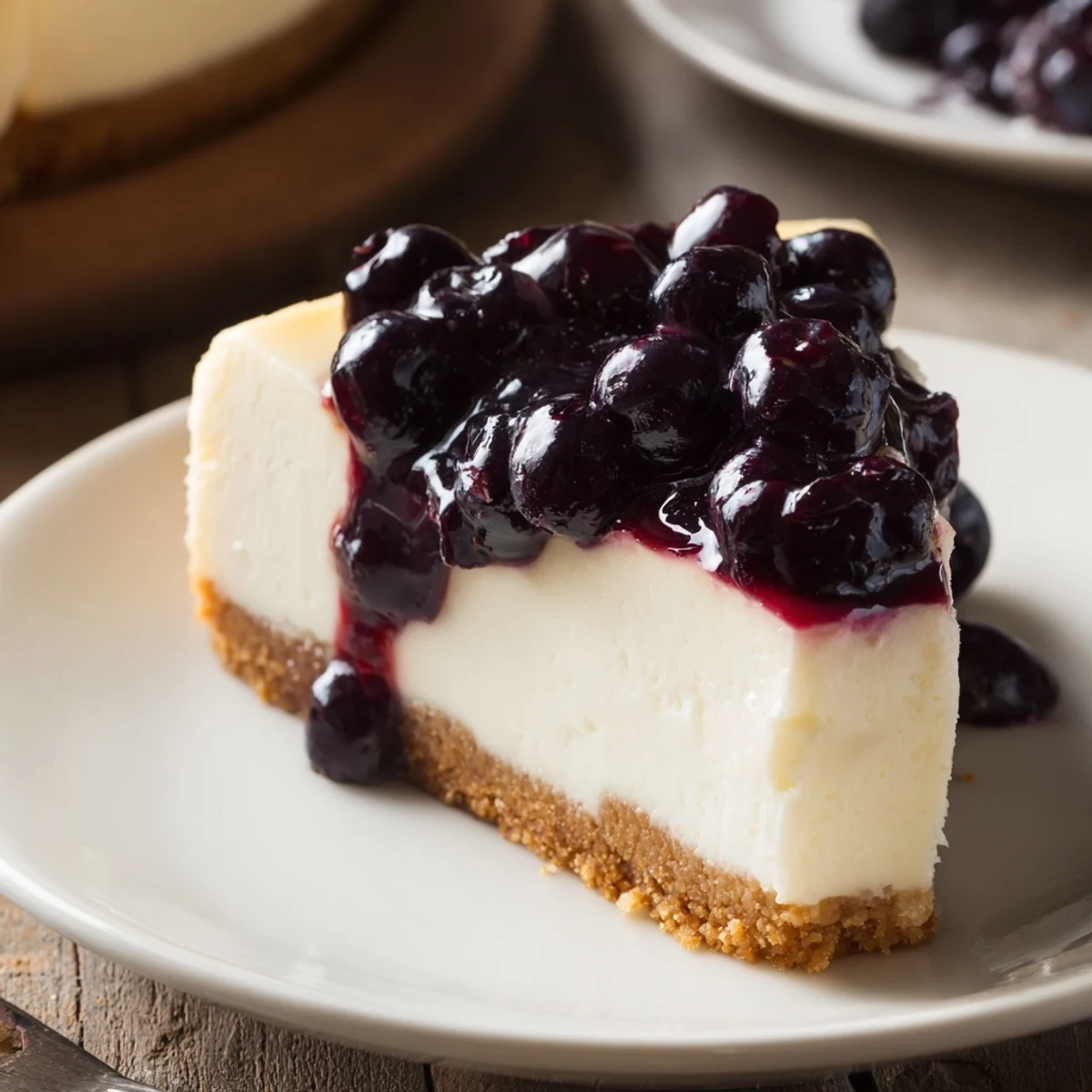 Creamy blueberry cheesecake recipe topped with glossy purple compote on a graham cracker crust.  