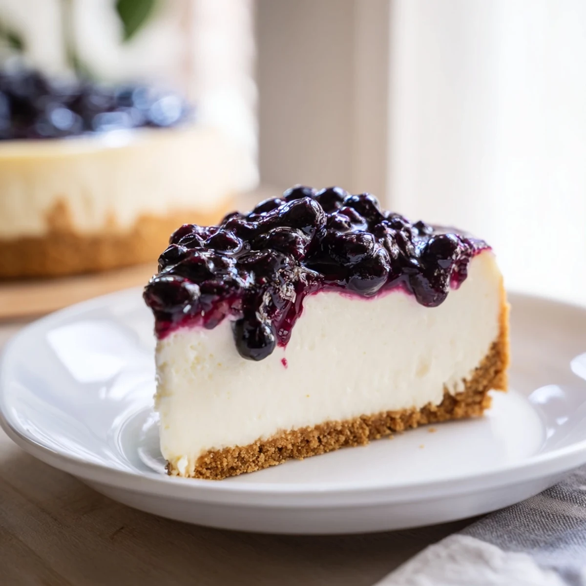 Golden crust supports this luscious blueberry cheesecake recipe drizzled with vibrant berry sauce.