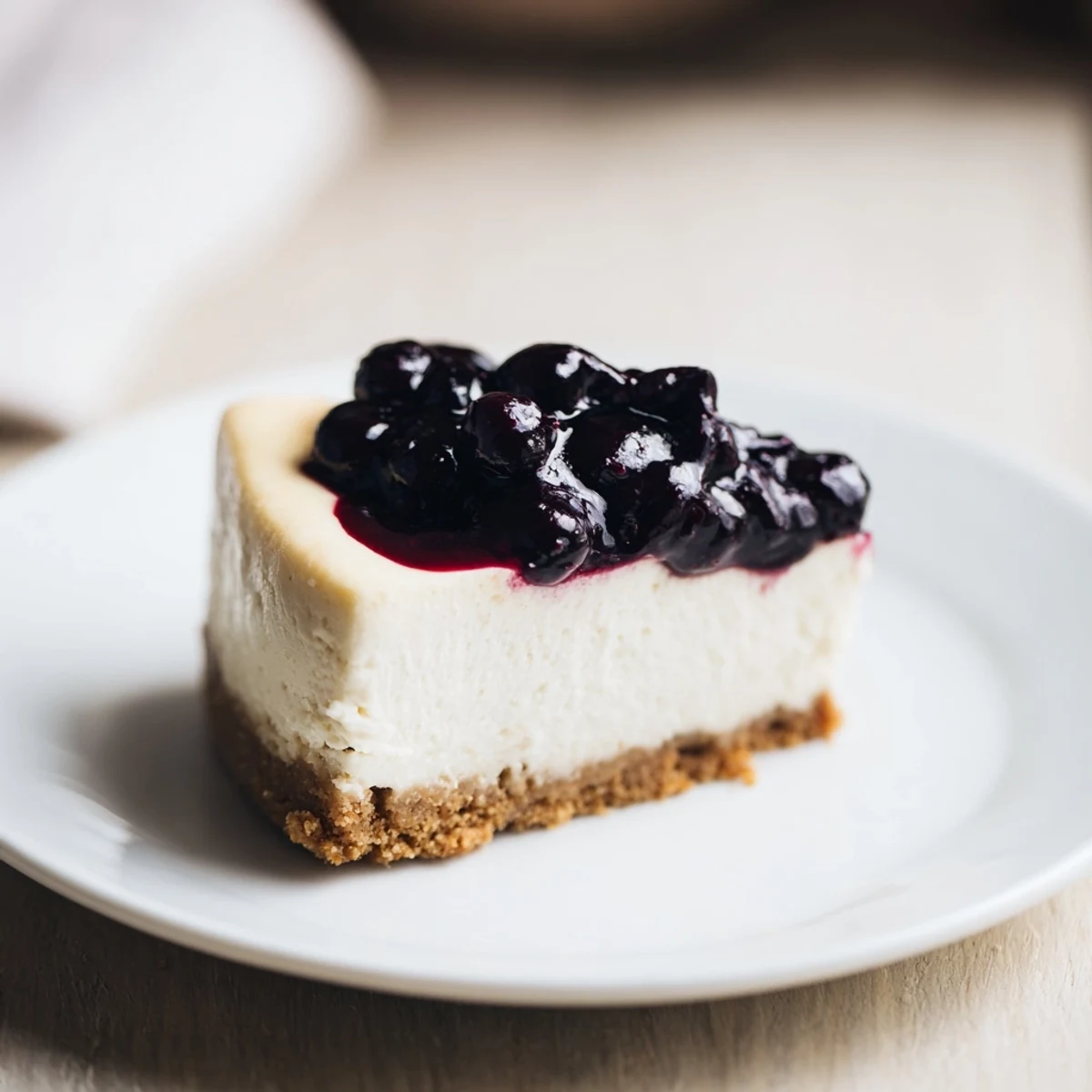 Rich blueberry cheesecake recipe sliced to show smooth filling and sweet fruit swirl.  