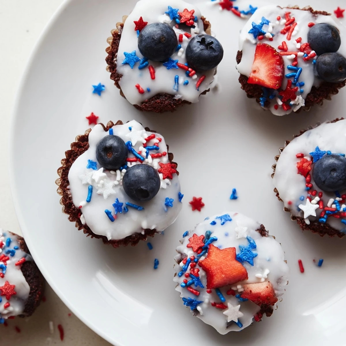 Festive Fourth of July brownie bites topped with red, white, and blue sprinkles  