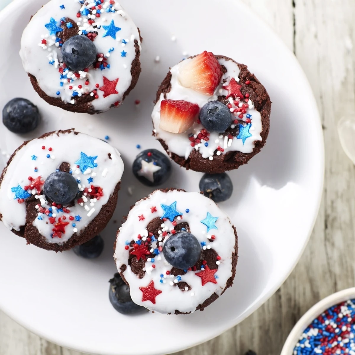 Bite-sized brownies glazed with white icing and patriotic red and blue decorations  