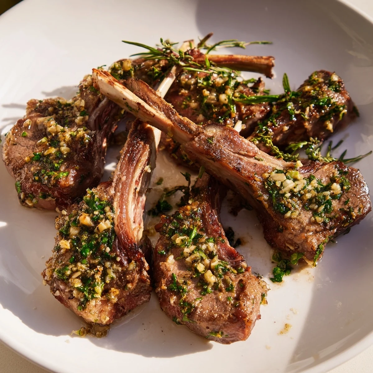Golden herb garlic lamb chops seared perfectly with fresh rosemary and thyme