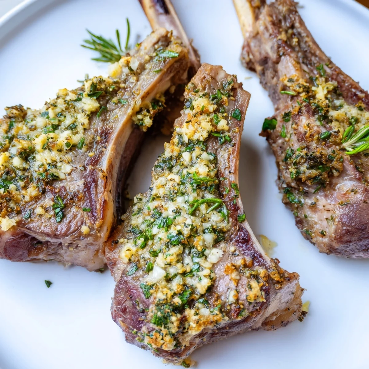 Juicy herb garlic lamb chops served with lemon wedges on a white plate