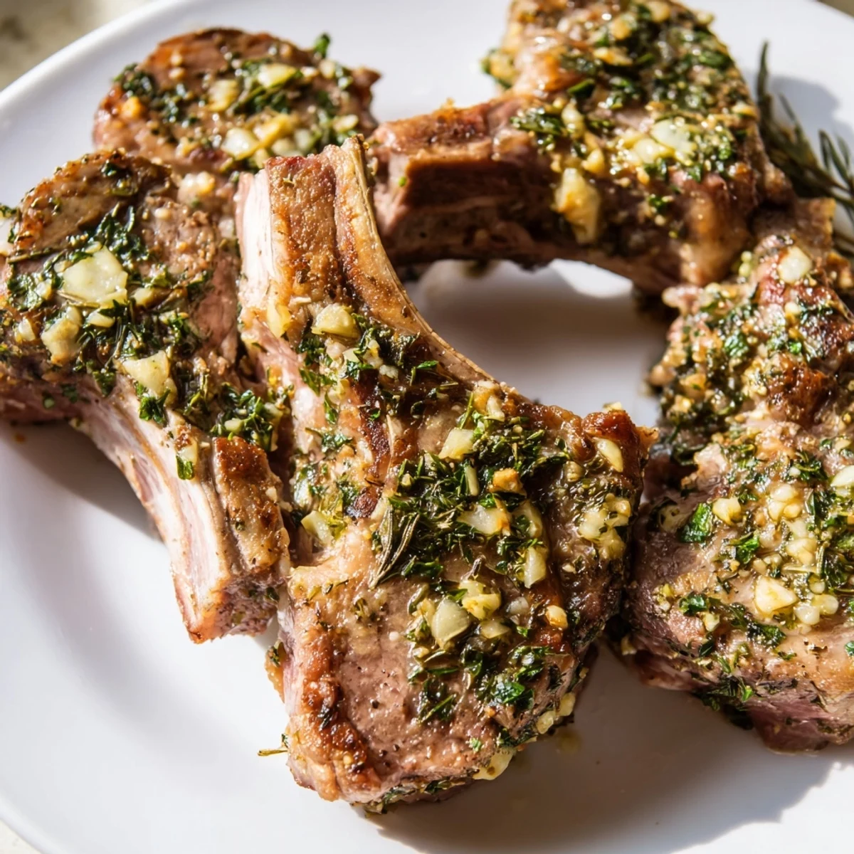 Pan-seared herb garlic lamb chops garnished with parsley for a Mediterranean dinner